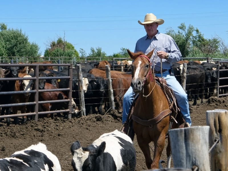 Rancher on horseback working cattle